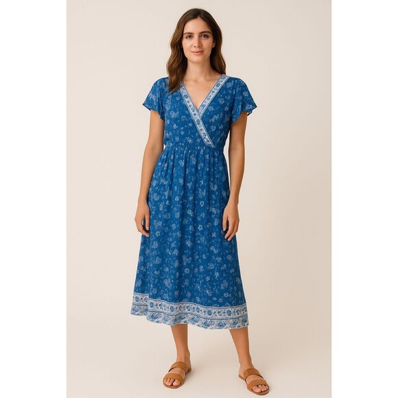 ✨Bloomchic Blue Floral Flounce Sleeves Midi Dress✨ - Picture 1 of 7